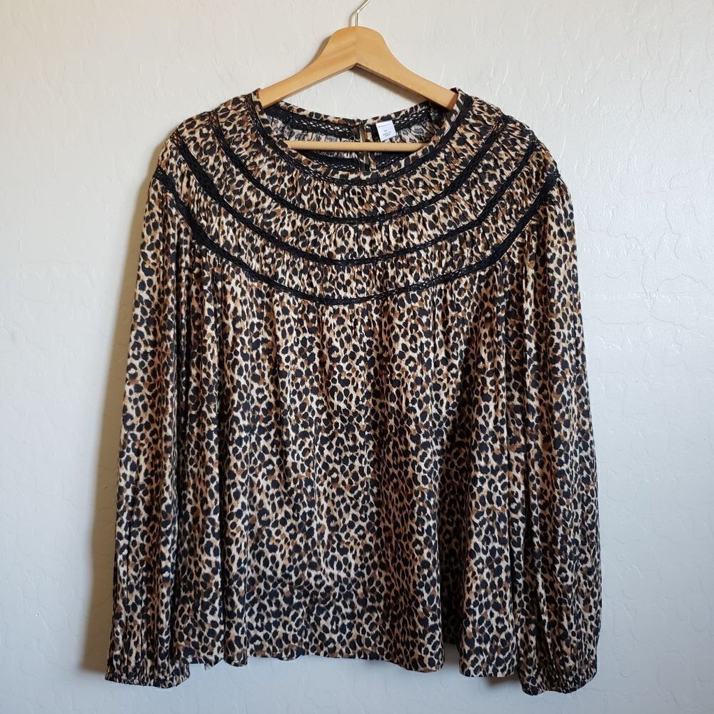 Old Navy Animal Print Long Sleeve Blouse High Neck Lace Brown/Black Sz Womens XL